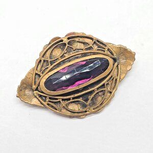 Antique Czech Brass Art Nouveau Brooch Purple Glass Stone Filigree Etched Leaves